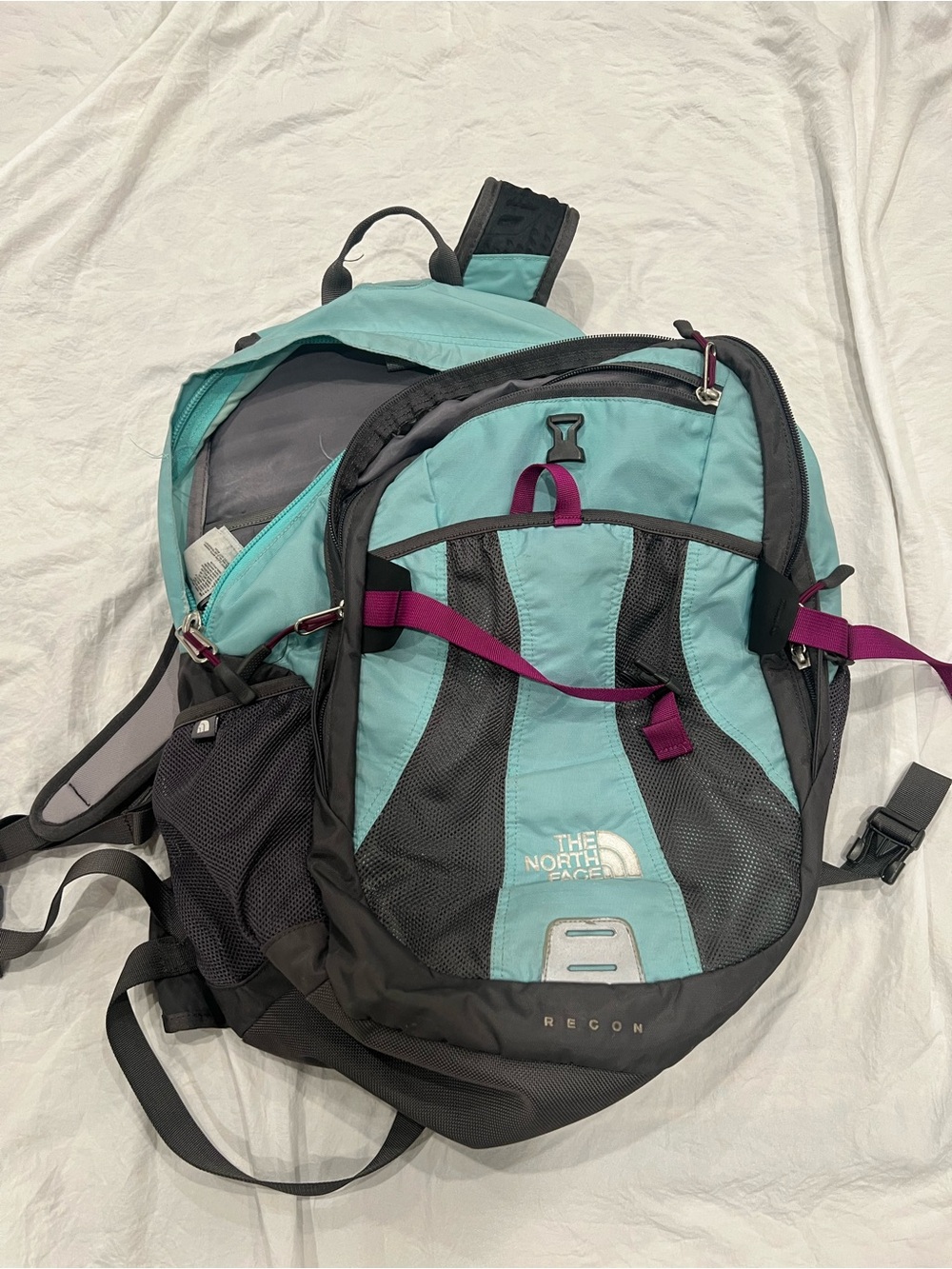 The North Face Teal & Charcoal Backpack with Magenta Accents